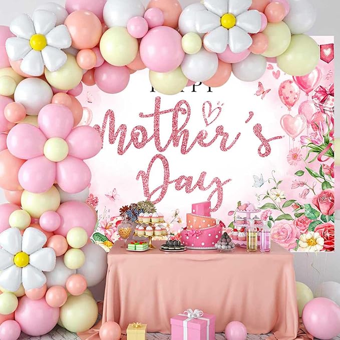 Mocsicka Happy Mother's Day Bakcdrop Pink Floral Mothers Day Party Decorations Banner for Women Festival Birthday Party Background Supplies Photo Booth Props (Pink, 10x8ft(120"x96"))