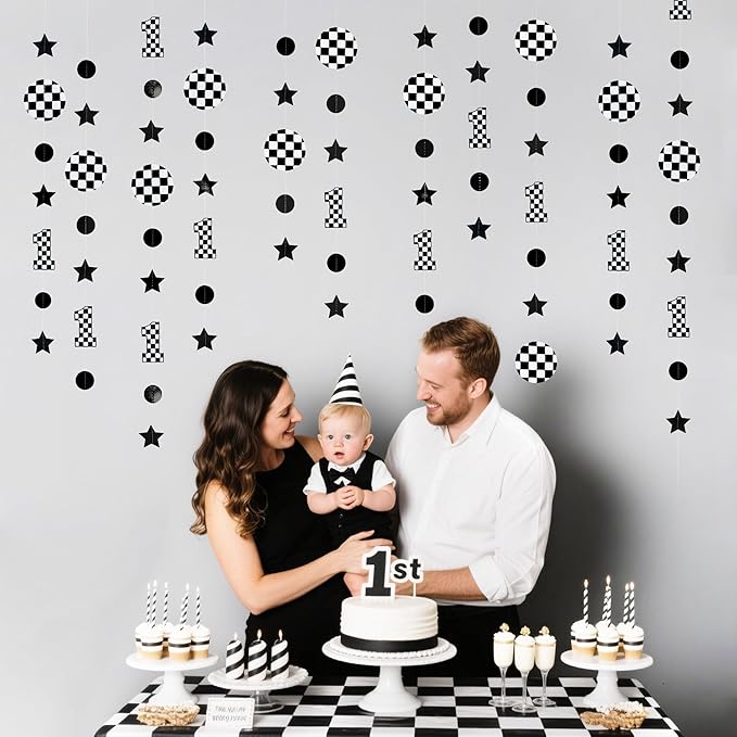 Fast One Birthday Decorations Black White Checkered Polka Dot Star Hanging Garland Banner for Checkered Race Car First Lap Around the Track Bday Talladega Nights 1st Birthday Decorations Supplies