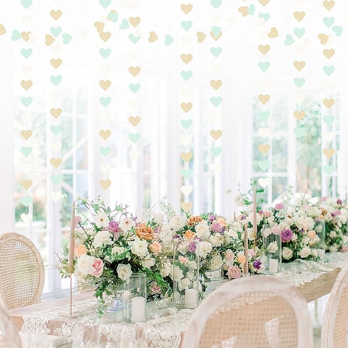 Sage-Green Gold Tea Party Decorations Heart Garland - 52Ft Garden Forest Baby Bridal Shower Birthday Mint Hanging Streamers Banner Decor,Wedding Bachelorette Engagement Graduation Backdrop Huglony