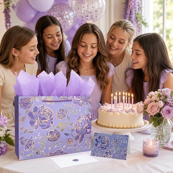 Oletx 13" Gold Purple Flower Paper Gift Bags,Happy Birthday Gift Bags with Tissue Paper Greeting Card for Women's Birthday Party, Wedding Anniversaries,Mother's Day,Valentine's Day