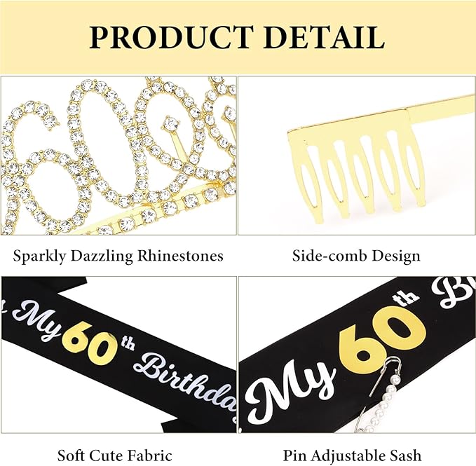 CAVETEE Gold Birthday Crown and Tiara for Women, Sash for Girls - Birthday Party Decoration