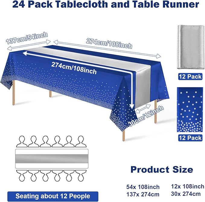 24Pack Disposable Plastic Tablecloths and Satin Table Runner Set Blue and Silver Dot Tablecloth Silver Satin Table Runner for Wedding Birthday Baby Shower Anniversary Christmas New Year Party Supplies