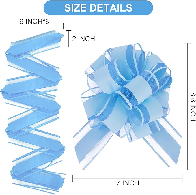 6pcs 7 Inch Pull Bows Pastel Blue Gift Wrap Bows for Gift Basket, Flower Wrapping, Christmas, Easter, Birthday, Baby Shower, Party Decorations