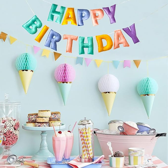 Pre-Strung Happy Birthday Banner - Felt Ball Garland, Rainbow Party Decorations, HAPPY BIRTHDAY Garland, Personalized Birthday Sign for Birthday Decor, Party Decor, Photo Prop (Macaron Colors)