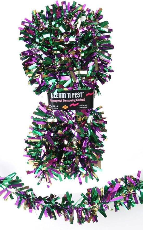 Beistle Metallic Festooning Garland Party Accessory, Mardi Gras Decorations, 4" x 15', Gold/Green/Purple