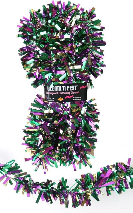 Beistle Metallic Festooning Garland Party Accessory, Mardi Gras Decorations, 4" x 15', Gold/Green/Purple
