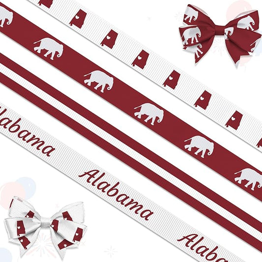 4 PCS Alabama Ribbons for Crafting, 3/8" Width Red Black Stripes Grosgrain Ribbons Map Elephants Craft Ribbons for Gift Wrapping DIY Sports Birthday Decorations