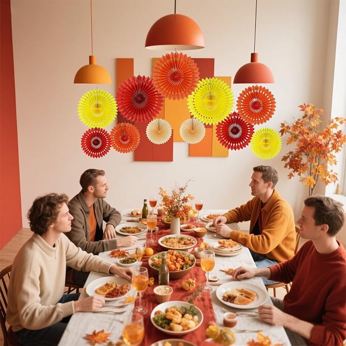 Fall Hanging Honeycomb Round Paper Fans Decoration Autumn Pumpkin Theme Tissue Paper Fan Garland for Shower Birthday Graduation Wedding Party Supplies 11 Count