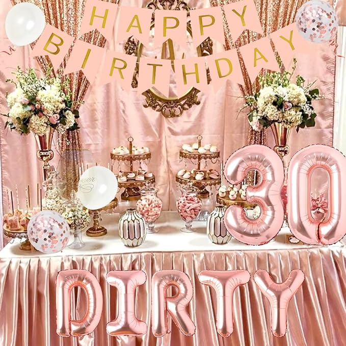 30th Birthday Party Decorations for Her, Rose Gold Dirty Thirty Banner Balloon Sash Cake Topper, 30 Years Old Birthday Party Supplies for Women