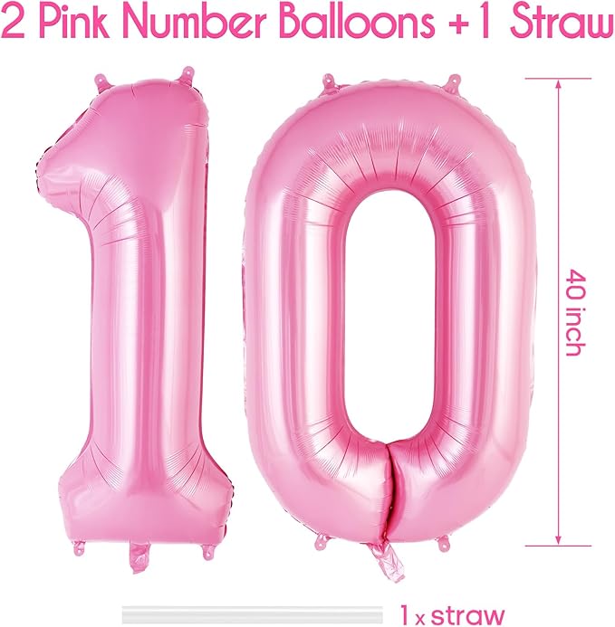 Pink Number 10 Balloon, 40 Inch Big Large Foil Helium Number Balloons, Giant Mylar Number 10 Balloons for 10 Years Old Birthday Party Decorations Supplies Anniversary
