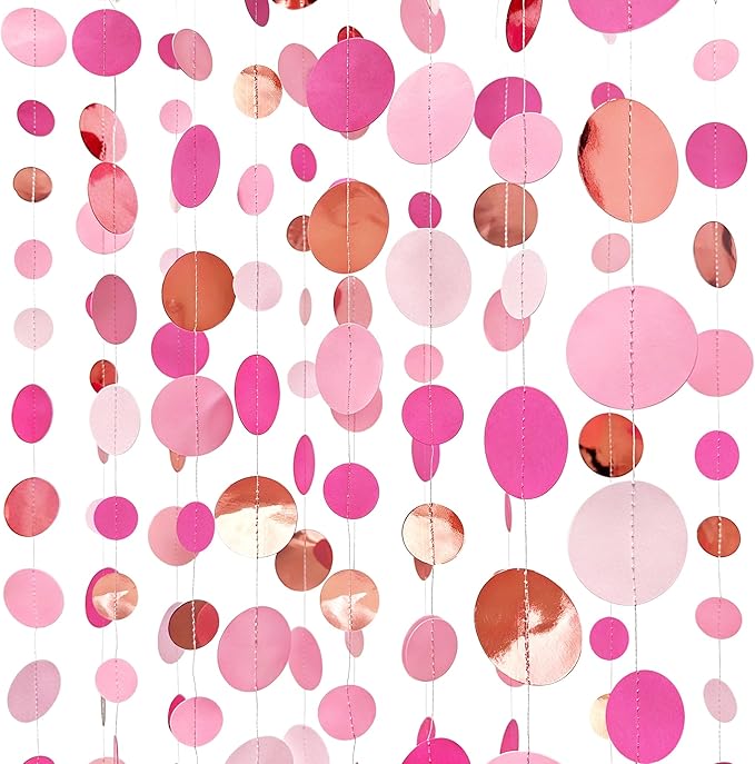 Hot Pink Rose Gold Party Decorations Circle Dots Garland Hanging Polka Dot Streamer for Girls Birthday Bachelorette Baby Shower Wedding Bridal Shower Anniversary Hen Party Supplies