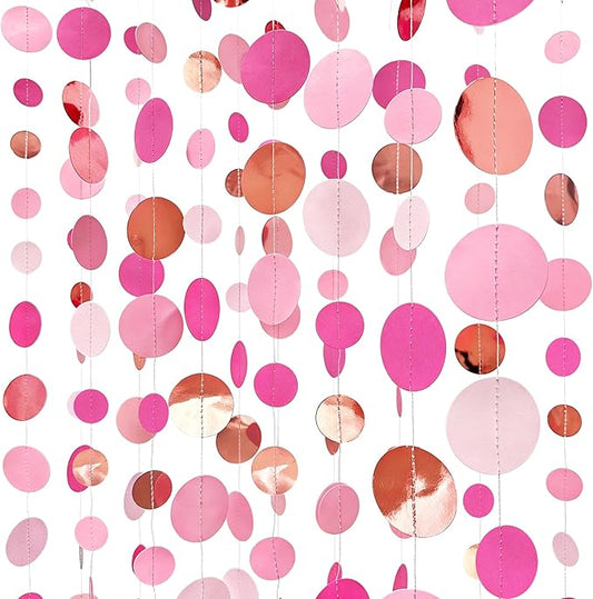 Hot Pink Rose Gold Party Decorations Circle Dots Garland Hanging Polka Dot Streamer for Girls Birthday Bachelorette Baby Shower Wedding Bridal Shower Anniversary Hen Party Supplies