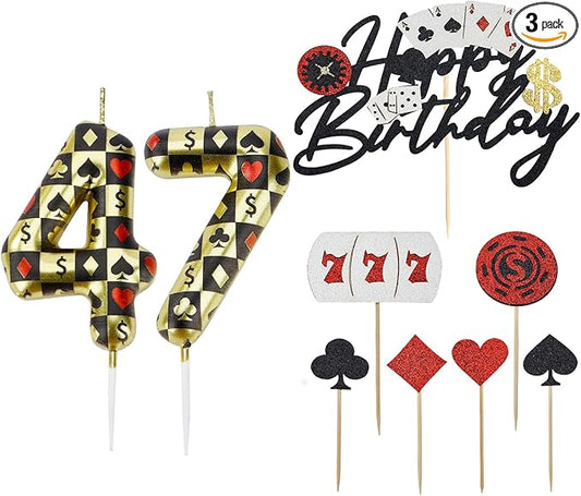 Casino Birthday Number Candles for Cake, Poker Birthday Candles for Casino Themed Birthday Party Decoration, Glitter Casino Birthday Cake Topper for Casino Night Theme Birthday Cake (Number 47 & 74)