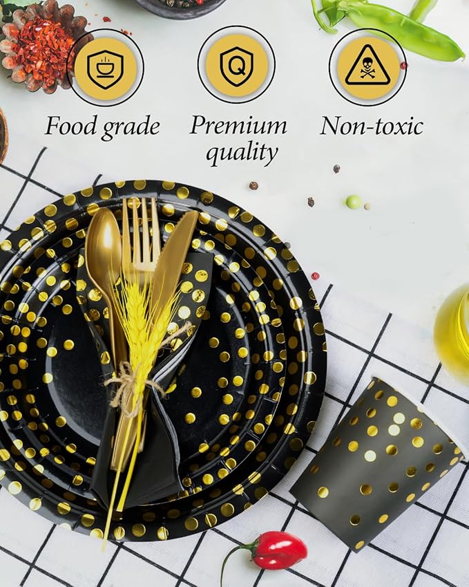 224 Pieces Party Supplies, Black and Gold Party Plates Cups and Napkins Sets with Plastic Knives forks spoons, Disposable Tableware Serves 32 Sets for Wedding, Birthday, Graduation, Festivals