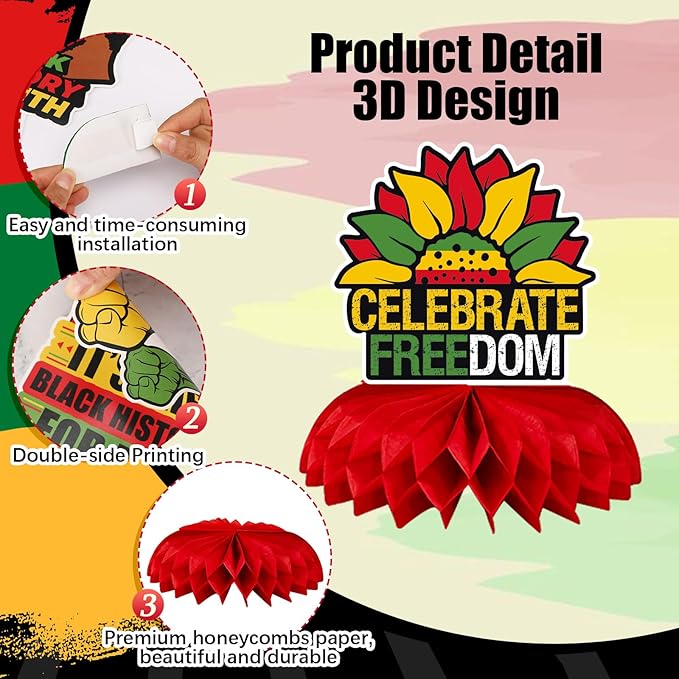 JULMELON 8PCS Juneteenth Party Decorations Honeycomb Centerpiece, 3D Double Side Juneteenth Centerpieces Table Topper for African American Independence 1865 Freedom Day Black History Party Supplies