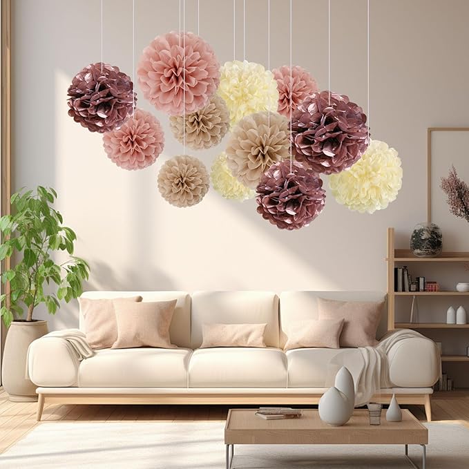 20 PCS Tissue Paper Pom Poms, Tissue Pom Poms Flowers, Sizes of 6", 10", 12", 14" Hanging Paper Flower Ball for Wedding, Birthday, Baby Shower Party Decor (Ivory Brown Rose Gold Pink)