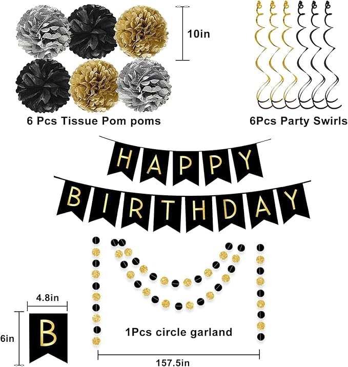 PATYDECRO Birthday Decorations, Happy Birthday Banner with Stars Hanging Swirl Streamers Honeycomb Balls Paper Circle Garland For Party Supplies（Black Gold Silver）