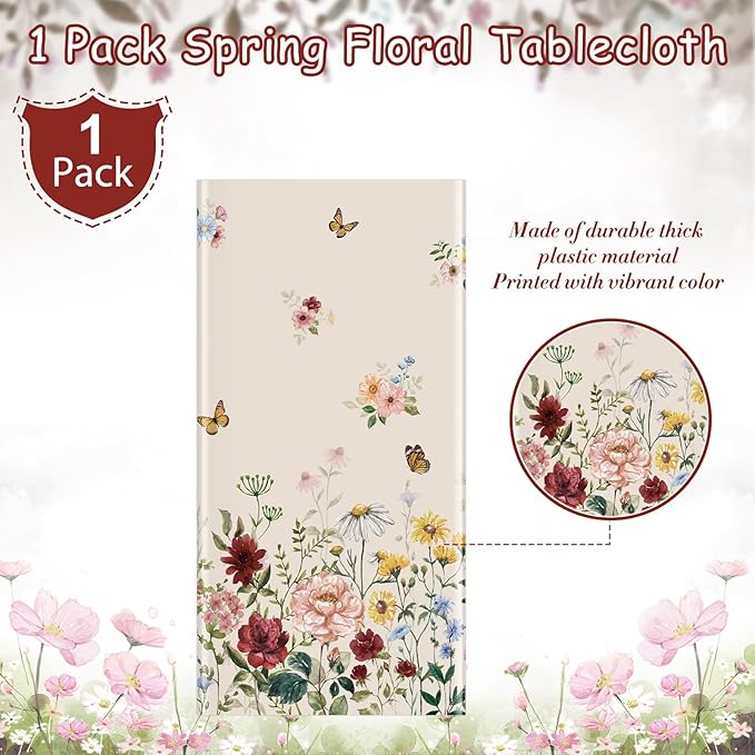 1 Pcs Spring Floral Tablecloth, Butterfly Wildflower Plastic Disposable Tablecloth Rectangle Table Covers for Easter, Birthday, Wedding, Mothers Day Tea Party Supplies and Decorations,54 x 108 Inch