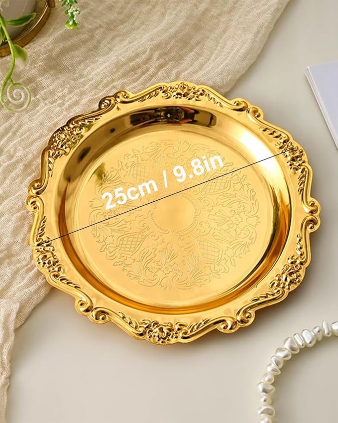 Round Decorative Tray 9.8in Metal Dessert Plates Vintage Coffee Table Tray for Snacks Fruit Gold