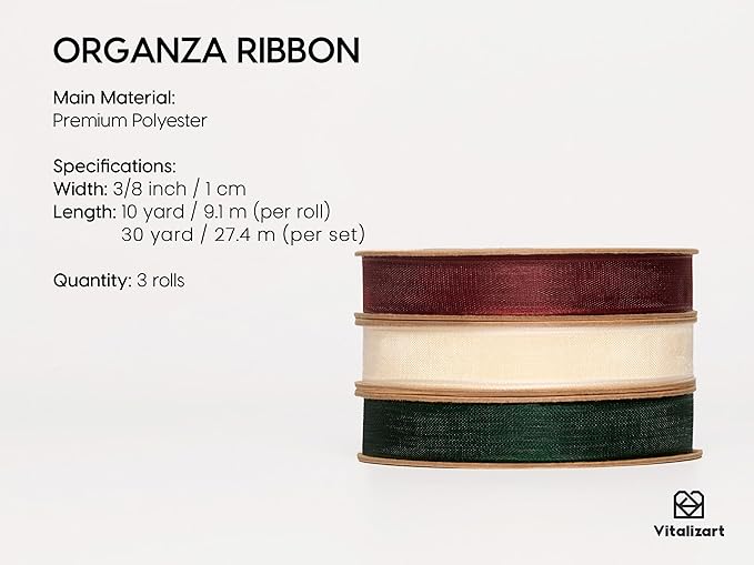Vitalizart 3/8" x 30Yd Organza Ribbon Christmas Sheer Ribbons Set 10 Yd x 3 Rolls Red Green White Handmade Eco-Friendly for Christmas Gift Wrapping Tree Decor Bows Wreaths