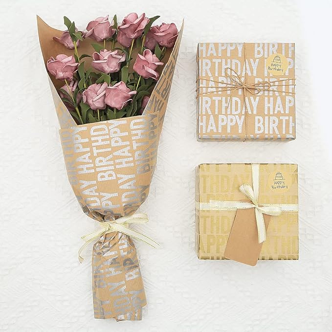 Happy Birthday Wrapping Paper For Men Boys Women Adults Kids Girls, Gift Wrapping Paper Recycled Multipack (7 Sheets,20 x 28 inches per sheet,27 Sq.ft. ttl.,) W/ 10 Gift Tags Jute Twine Tape Stickers