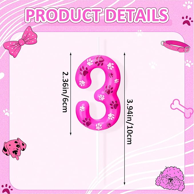 Conelist Number 3 Dog Paw Birthday Candles Dog Patrol Toppers Candles Rose Red, Pink, Purple Numeral Birthday Cake Topper for 3 Year Old Boy Girl Paw Birth Day Decoration Pet Party Supplies