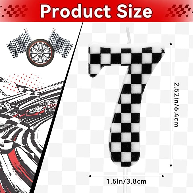 Racing Car Themed Birthday Candles, Number 7 Checkered Candles, Black & White Checkered Cake Decoration, Car Cake Topper for Party Decoration Theme Party Supplies