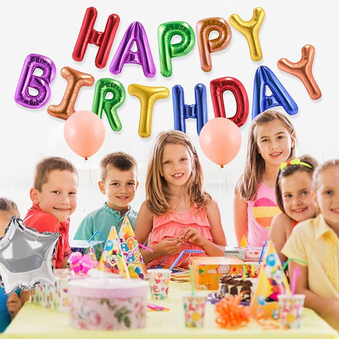 CANREVEL Happy Birthday Banner 13pcs 16 Inch Mylar Foil Letters Balloons Birthday Party Decorations for Kids and Adults - 3D Rainbow