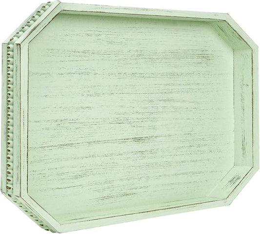 Wooden Decorative Tray, Rustic Sage Serving Tray with Wood Bead, Coffee Tabl, 16.5" x 13"x 1.6" (Sage Green)