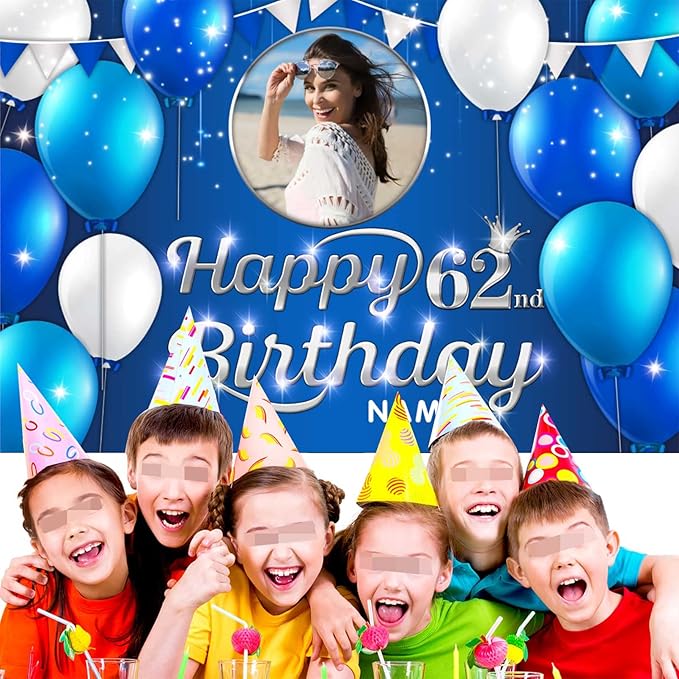 Custom Happy 62nd Birthday Decoration Banner - Personalized Navy Blue Birthday Party Banner in Large Sizes-Custom Photos and Names