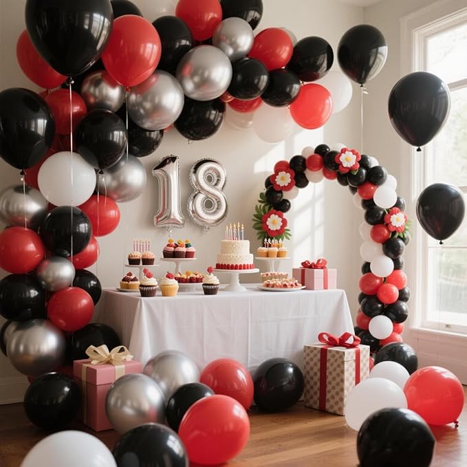 412Pcs Red Black and White Balloon Garland Arch Kit,18 12 10 5 Inch Different Size Red Black White Balloons for Shower Birthday New Year Graduation Wedding Racing Car Poker Party Decorations