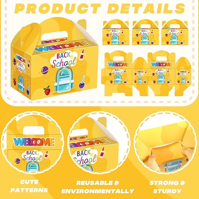 Dunzoom 24 Pcs Back to School Party Favor Boxes First Day of School Gift Goodie Candy Cookie Treat Boxes with Handles for Classroom New Semester Favors Party Supplies