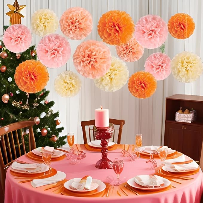 XIKSXITN 12 pcs Orange Paper Pom Poms Decorations for Party in 2 Colors,Ceiling Hanging Tissue Paper Flowers Decorations (8&10&12 inch)