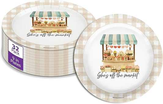 Birthday Galore Fresh off The Market Bridal Shower - 32 Piece Disposable Party Supplies - Beige Gingham Bridal Shower Decorations - Round Party Plates - Large 9" Paper Plates In Bulk