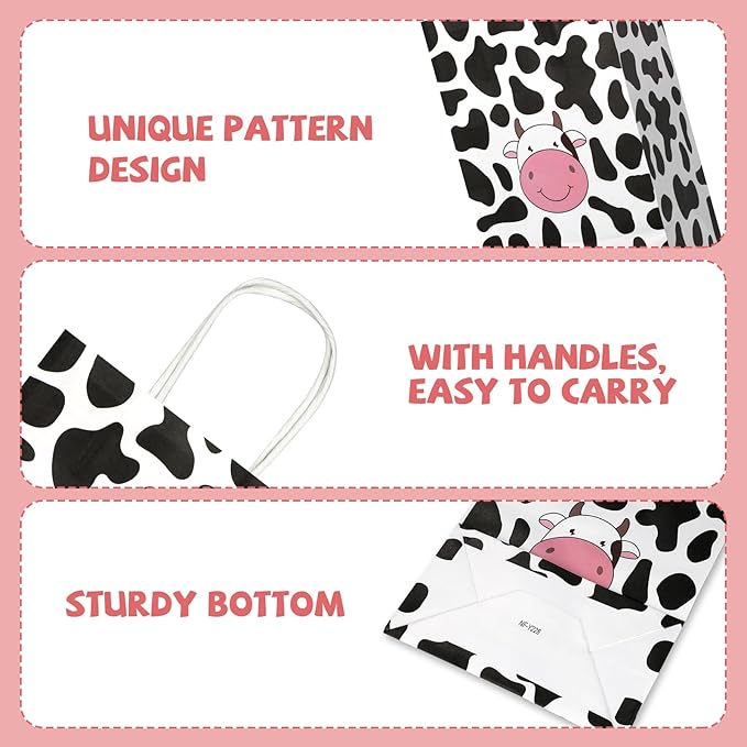 20Pcs Cow Party Favors Bags with Handles, Farm Themed Kraft Paper Gift Bags Candy Bags, Cute Cow Print Goodie Bags for Girls Boys Birthday Baby Shower
