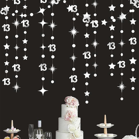 Silver 13th Birthday Decorations Number 13 Circle Dot Twinkle Star Garland Metallic Hanging Streamer Bunting Banner Backdrop Girls Boys 13 Years Old Birthday Thirteen Official Teenager Party Supplies