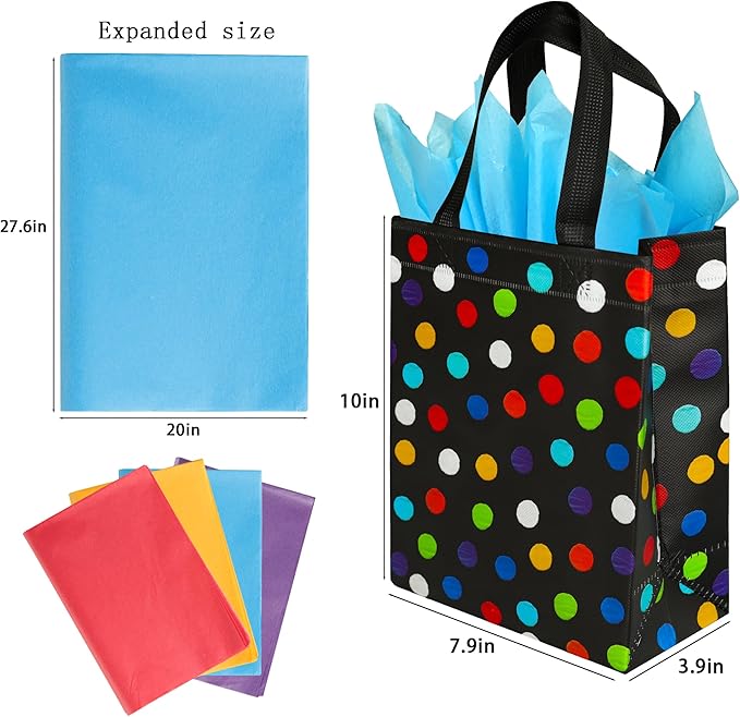 BLEWINDZ 16Pcs Reusable Gift Bags with Tissues - Black Medium Rainbow Polka Dot Party Favor Bags for Christmas, Birthday, Baby Shower, Grocery Shopping, Wedding