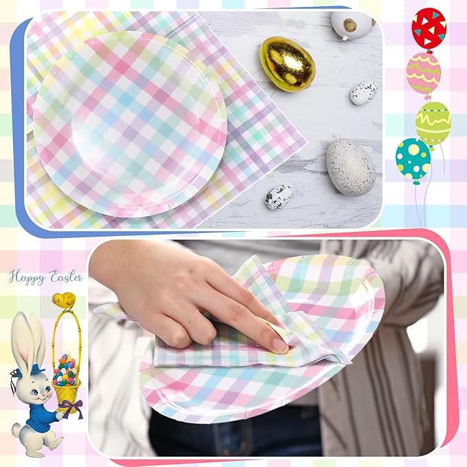 Zhehao 120 Pcs Spring Plaid Paper Plates and Napkins Sets 60 Pastel Spring Disposable Plates and 60 Paper Napkins for Baby Shower Birthday Party Decorations Holiday Supplies