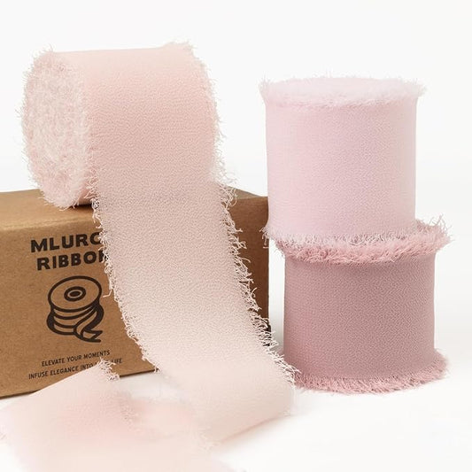 Pink Chiffon Ribbon 1.5 Inch x 21Yds Handmade Fringe Chiffon Silk Ribbon Dusty Rose/Blush/Pink Frayed Chiffon Ribbon for Wedding Invitation Flower Bouquets Gift Wrapping Bridal Shower Baby Shower