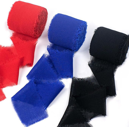 Chiffon Ribbon, Black Red Blue Silk Ribbon, Spider Theme Party Decoration, 1-1/2''x21Yd Handmade Frayed Fringe Ribbon for Wrapping, Floral Vase, Crafts, Invitation Card, Birthday, 3 Rolls