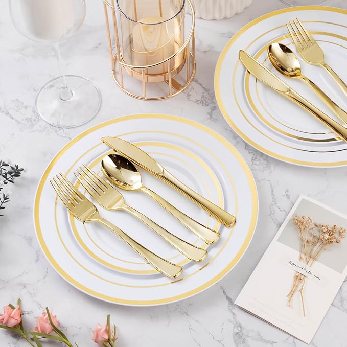 BESTVIP 200PCS Gold Plastic Silverware, Gold Disposable Utensils, Heavy Duty Cutlery Set of 100 Forks, 50 Spoons, 50 Knives for Parties, Weddings, Catering and Daily Use