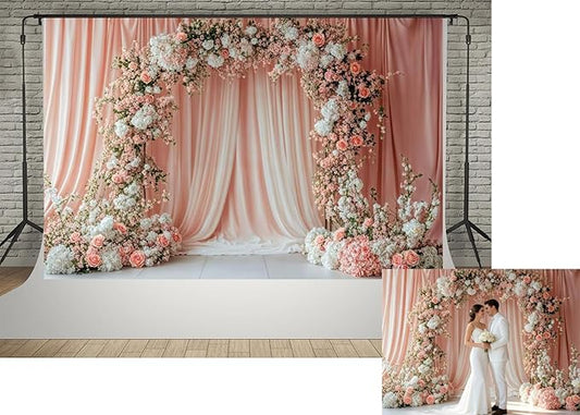 Kate 7x5ft Valentine's Day Wedding Pink White Flowers Arch Door Photography Backdrops Wedding Stage Bridesmaid Shower Kids Birthday Photo Background