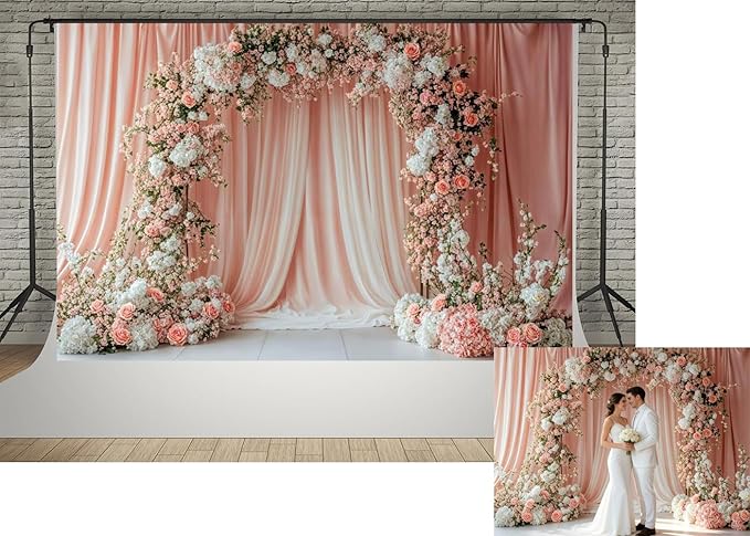 Kate 10x6.5ft Microfiber Polyester Pink and White Flowers Arch Door Photography Backdrop for Wedding Stage Bridesmaid Shower Baby Kids Birthday Party Photo Background