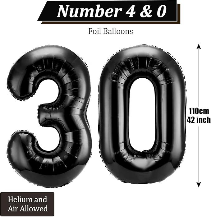 Gejoy 40 Inch Number 30 Balloons Jumbo 30 Foil Giant Number 30 Balloons for 30th Birthday Party Decorations and Rip to My 20s Anniversary Event(Black)