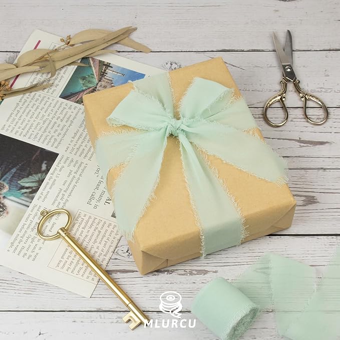 Mint Green Chiffon Ribbon - 1-1/2 Inch x 21 Yards, Handmade Fringe, Silk, Boho Frayed, Misty Green for Gift Wrapping, Wedding Invitation, Bridal Flower Bouquets
