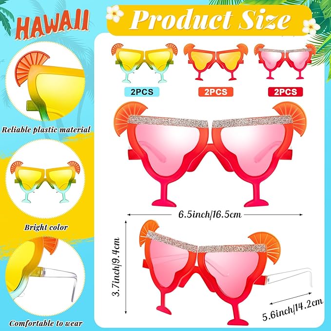 6 Pcs Margarita Funny Sunglasses Party Decor Eyeglasses Hawaiian Sunglasses for Summer Beach Luau Tropical Party(Bright Color)