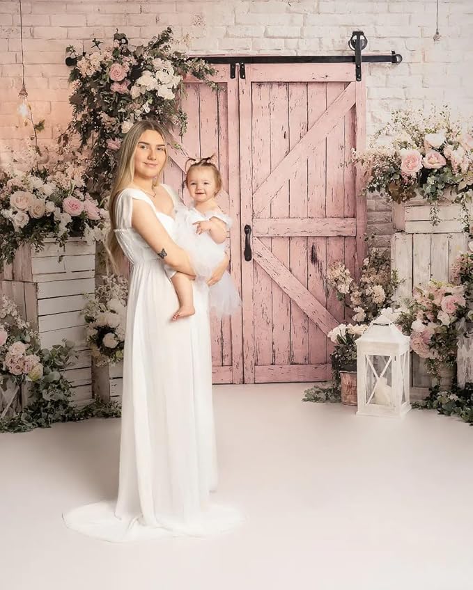 Kate Spring Backdrops Pink Barn Door Photography Backdrop Flowers Children Birthday Party Decorations, 10x10ft