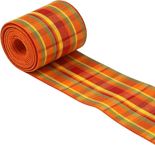 Meseey 4 Inch x 10 Yards Orange Plaid Wired Ribbon, Fall Harvest Plaid Wired Edge Ribbon for Wreaths, Bows, Wrapping, Thanksgiving & Halloween Decorations (Burgundy/Yellow)