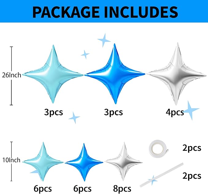 TONIFUL 30Pcs 26In&10In Star Balloons Blue Silver Four Pointed Foil Mini Star Mylar Balloons for Birthday Wedding Baby Shower Anniversary Engagement Party Decor Supplies