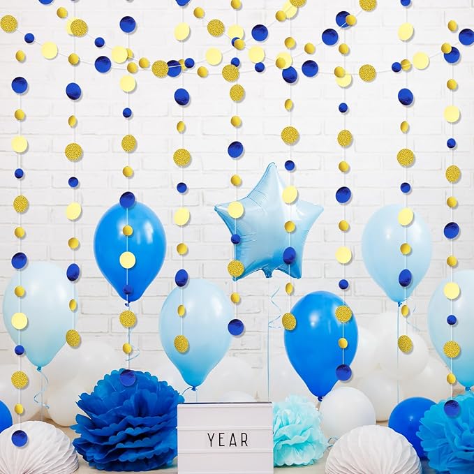 Outus 5 Pieces Blue,Gold Round Dots Garland Graduation Party Hanging Decor Each Length 13.1ft Glitter Paper Dot Streamers for Birthday Wedding Classroom Supplies